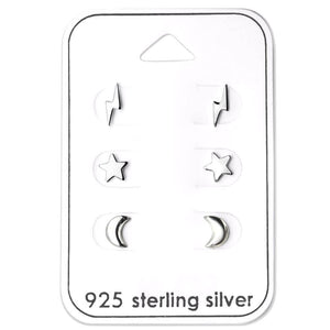 Sterling Silver Lightning Star and Moon Earring Set