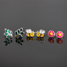 Load image into Gallery viewer, Children&#39;s Bee, Flower and Plant Sterling Silver Stud Earring Set
