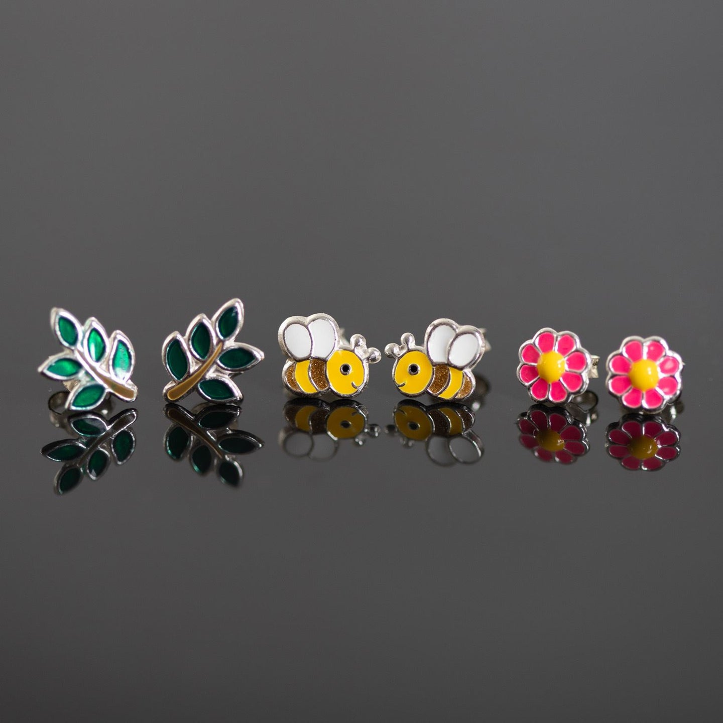 Children's Bee, Flower and Plant Sterling Silver Stud Earring Set