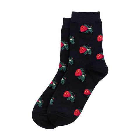 Women's Strawberry Print Black Crew Socks