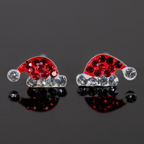 Sterling Silver Santa Hat Stud Earrings with Crystals