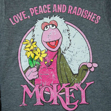 Load image into Gallery viewer, Women&#39;s Fraggle Rock Mokey &#39;Love, Peace and Radishes&#39; Heather Grey T-Shirt