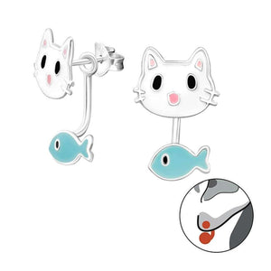 Cute White Cat Face and Blue Fish 17mm Sterling Silver Ear Jacket