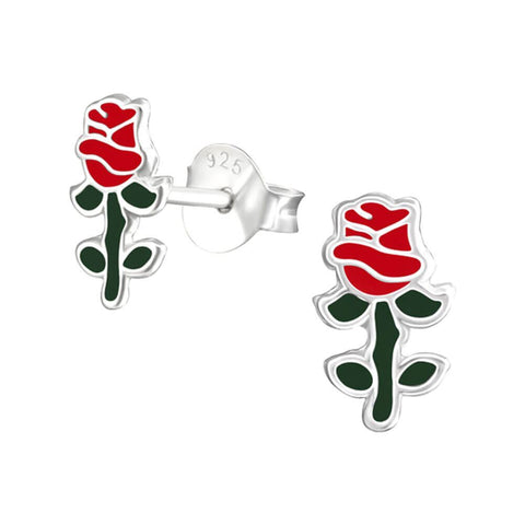 Single Red Rose Sterling Silver Stud Earrings