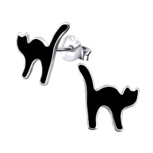 Load image into Gallery viewer, Sterling Silver Lucky Black Cat Stud Earrings