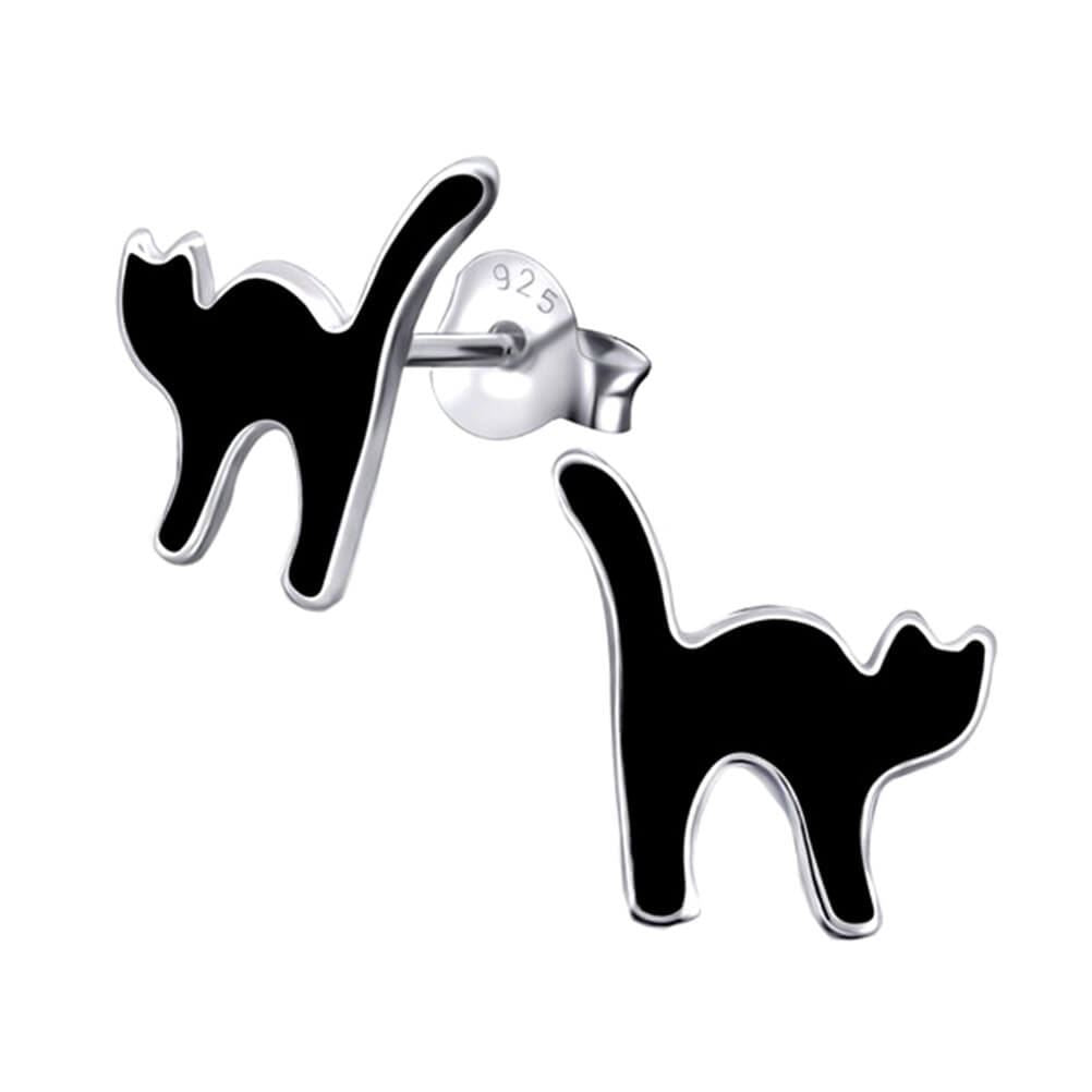 Sterling Silver Lucky Black Cat Stud Earrings