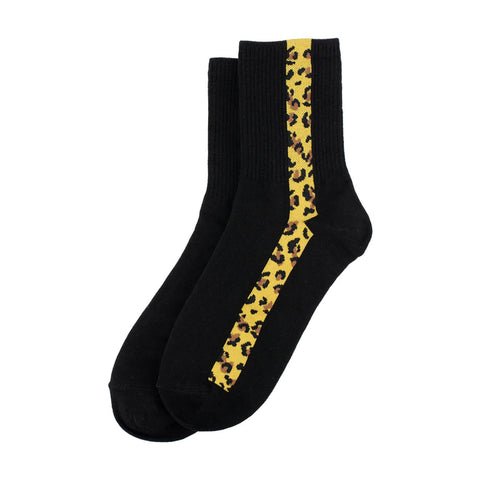 Women's Leopard Print Stripe Black Crew Socks