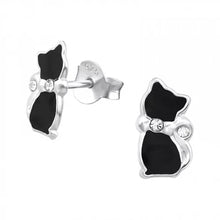 Load image into Gallery viewer, Petite Sterling Silver Black Cat Stud Earrings with Crystals