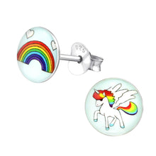 Load image into Gallery viewer, Sterling Silver Rainbow and Unicorn Stud Earrings
