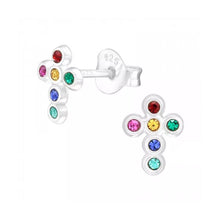Load image into Gallery viewer, Rainbow Cross Sterling Silver Stud Earrings with Crystals