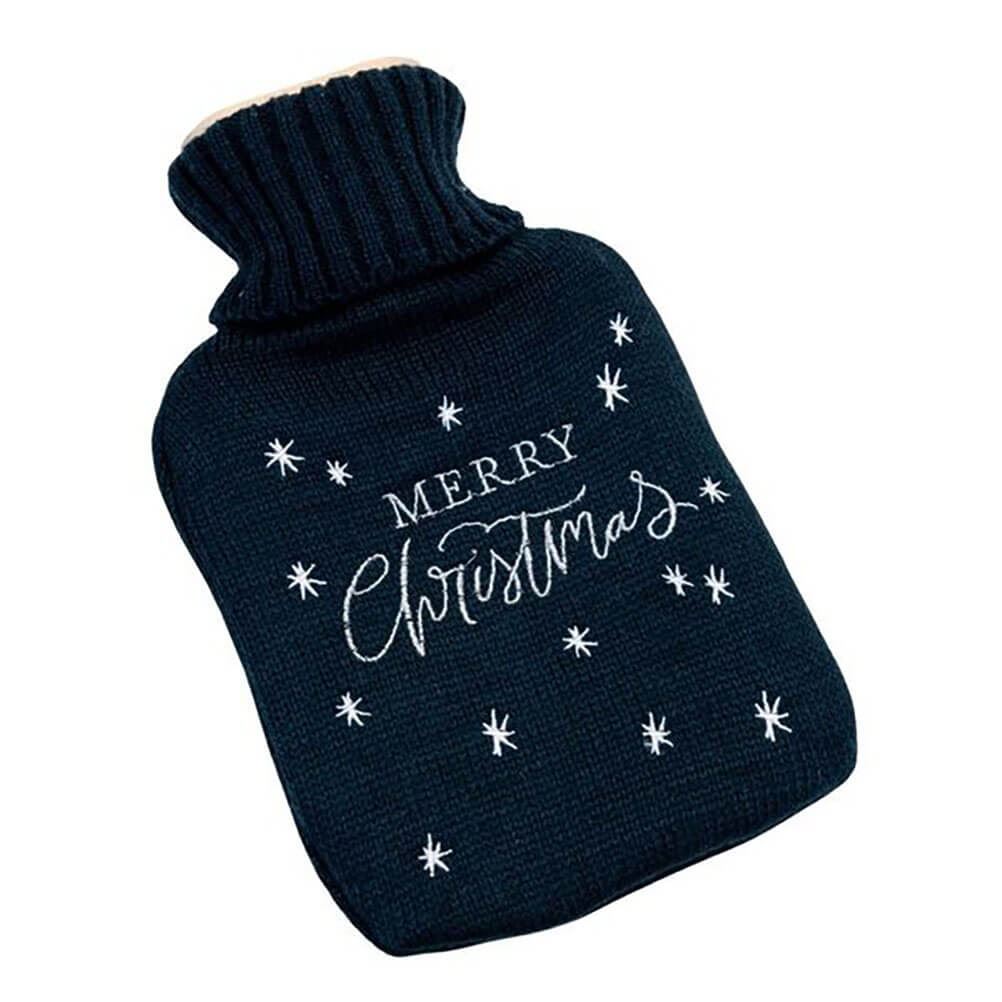 Merry Christmas Hot Water Bottle with Knitted Cover