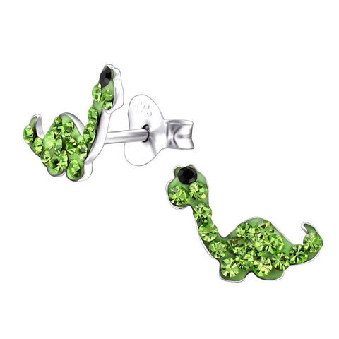 Sterling Silver Green Dinosaur Crystal Stud Earrings