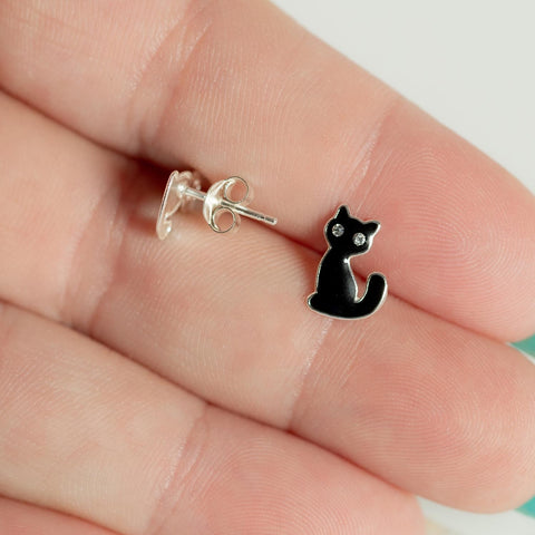 Black Cat Sterling Silver Stud Earrings with Crystals