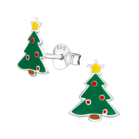 Christmas Tree Sterling Silver and Epoxy Stud Earrings