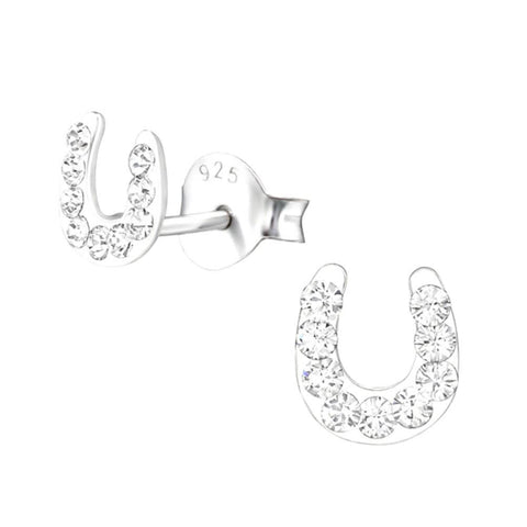 Lucky Horseshoe Sterling Silver and Crystal Stud Earrings