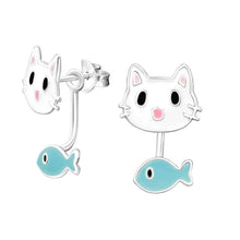 Load image into Gallery viewer, Cute White Cat Face and Blue Fish 17mm Sterling Silver Ear Jacket