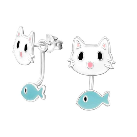 Cute White Cat Face and Blue Fish 17mm Sterling Silver Ear Jacket