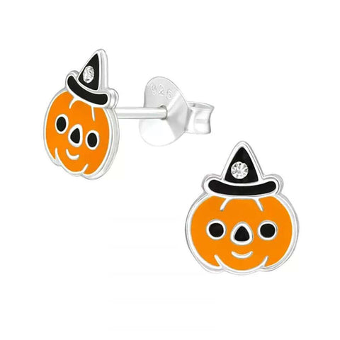 Halloween Pumpkin 8mm Sterling Silver Stud Earrings with Crystal