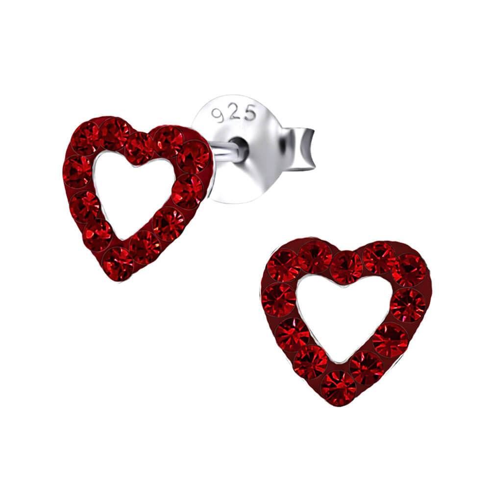 Sterling Silver Red Heart Crystal Stud Earrings
