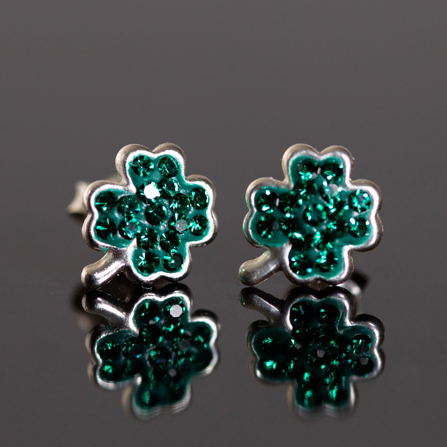 Lucky Clover Sterling Silver and Crystal Stud Earrings