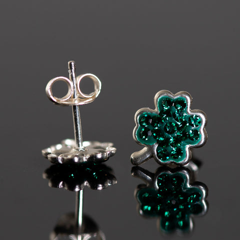Lucky Clover Sterling Silver and Crystal Stud Earrings