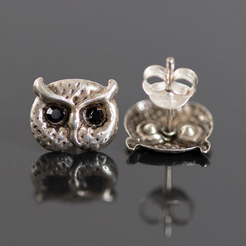 Sterling Silver and Crystal Owl Face Stud Earrings