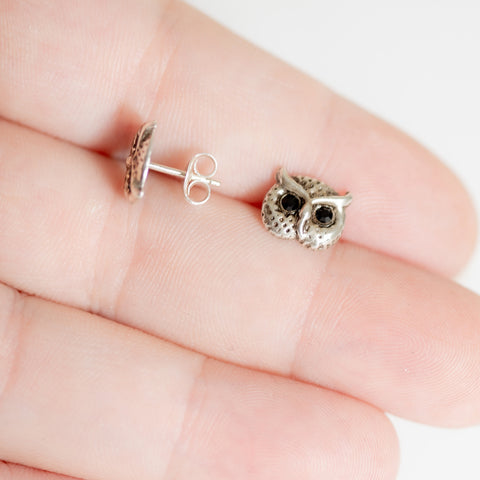 Sterling Silver and Crystal Owl Face Stud Earrings
