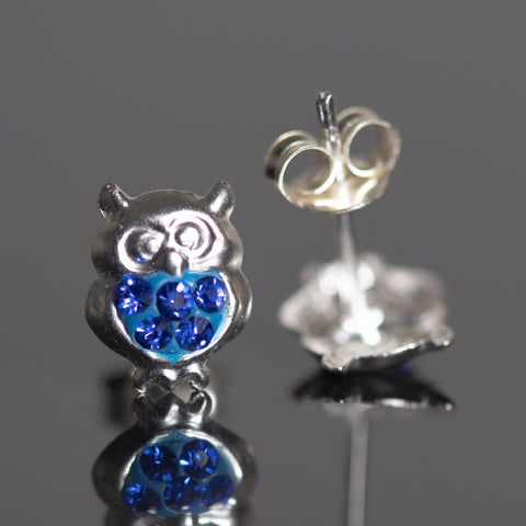 Sterling Silver and Crystal Owl Stud Earrings