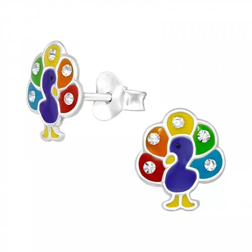 Petite Sterling Silver Colourful Peacock Stud Earrings with Crystals