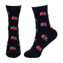 Load image into Gallery viewer, Women&#39;s Strawberry Print Black Crew Socks