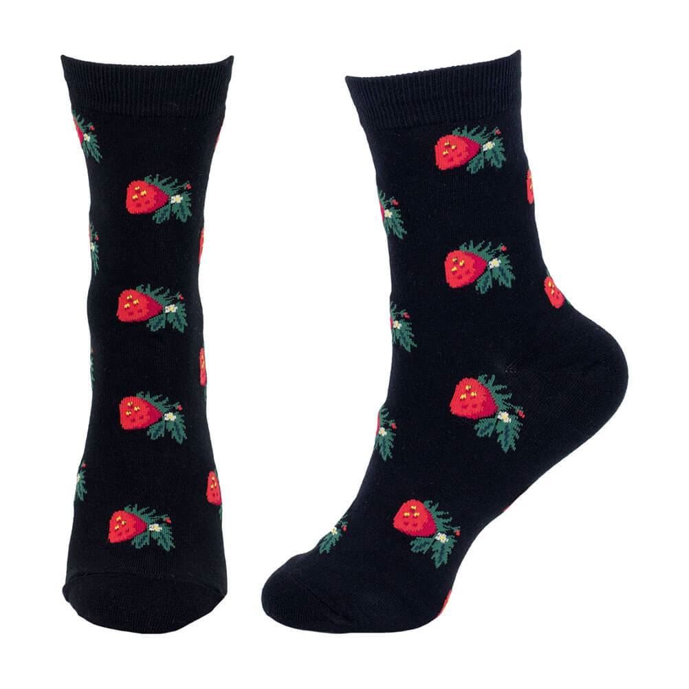 Women's Strawberry Print Black Crew Socks