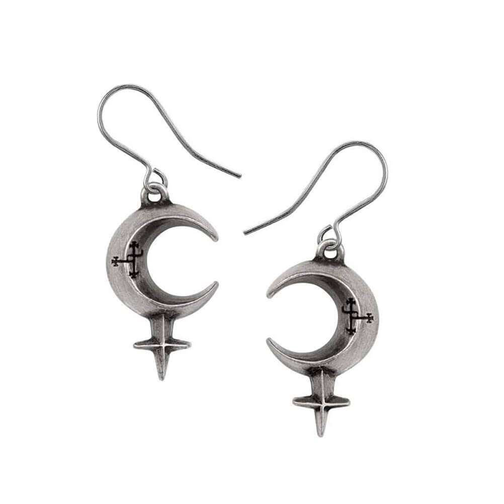 Alchemy Gothic Lilith Crescent Moon Pewter Drop Earrings