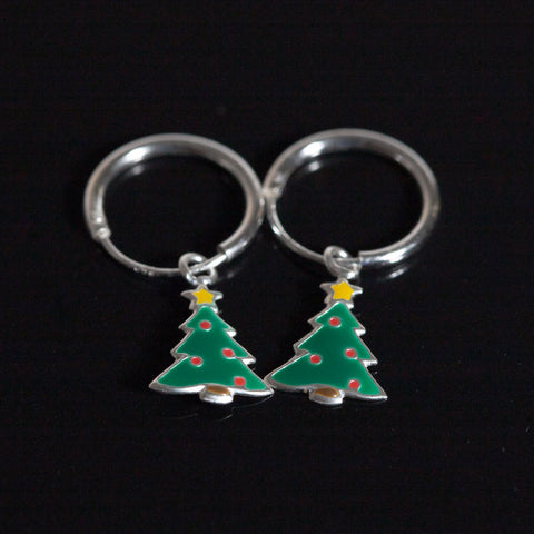 Sterling Silver Hanging Christmas Tree Hoop Earrings