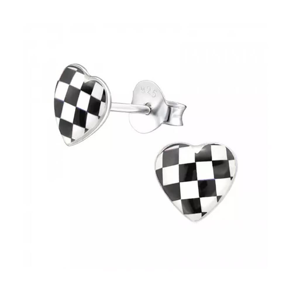 Checkered Heart Sterling Silver Stud Earrings