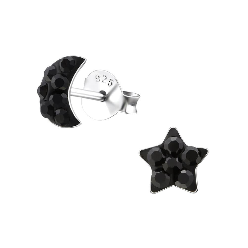 Sterling Silver Moon and Star Crystal Stud Earrings