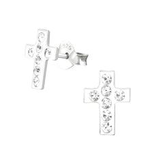 Load image into Gallery viewer, Sterling Silver White Crystal Cross Stud Earrings