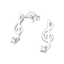 Load image into Gallery viewer, Sterling Silver Treble Clef Stud Earrings with Cubic Zirconia
