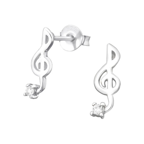 Sterling Silver Treble Clef Stud Earrings with Cubic Zirconia