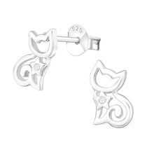 Load image into Gallery viewer, Sterling Silver Cat Stud Earrings with Cubic Zirconia