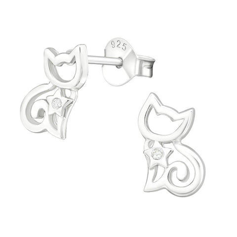 Sterling Silver Cat Stud Earrings with Cubic Zirconia