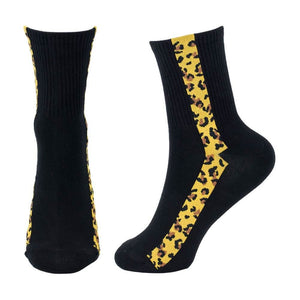 Women's Leopard Print Stripe Black Crew Socks