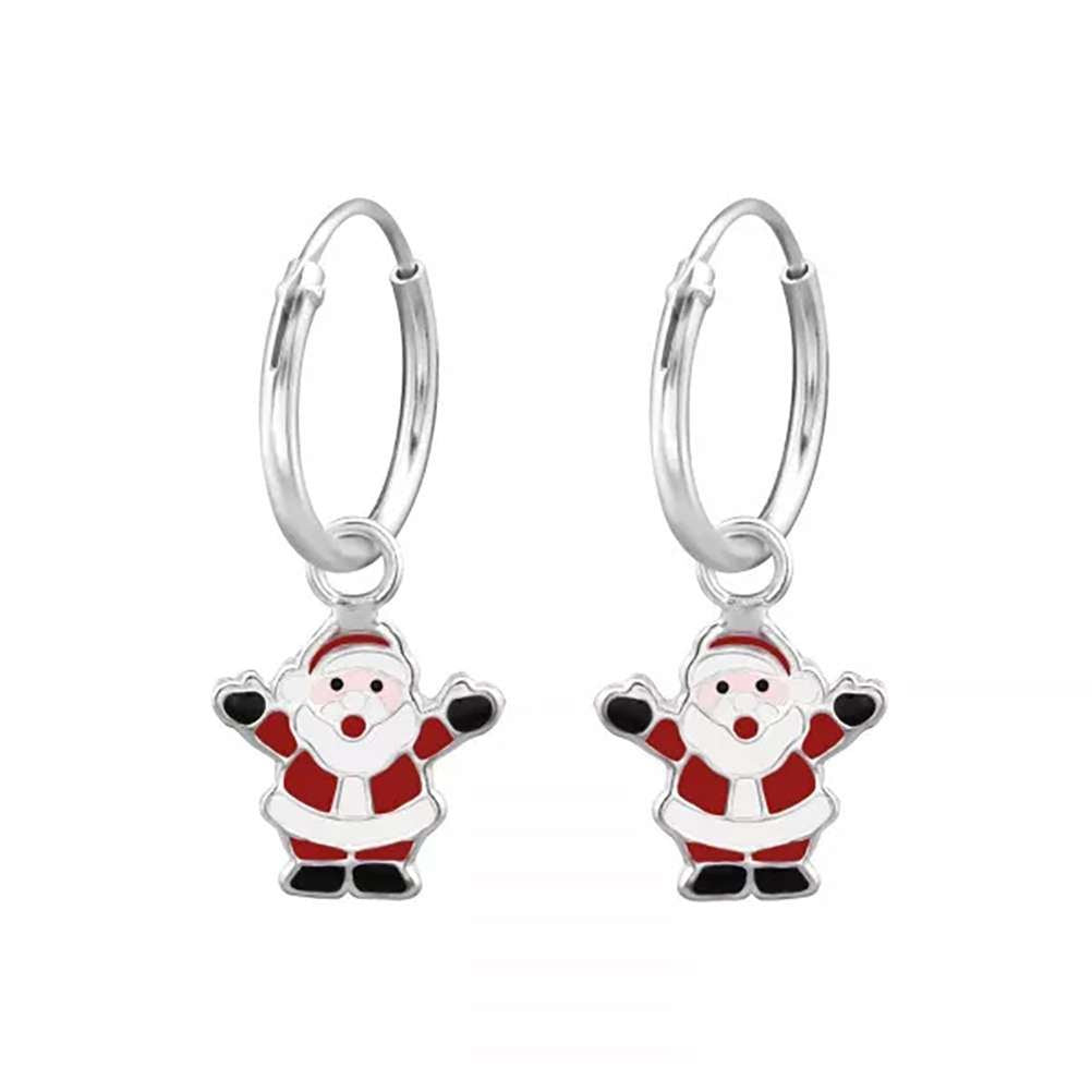 Sterling Silver Hanging Santa Hoop Earrings