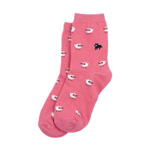 Women's Sheep and Wolf AOP Pink Crew Socks