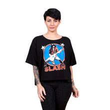 Load image into Gallery viewer, Women&#39;s Slash Stars Illuminous Print Black Crop Top.