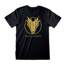 Load image into Gallery viewer, House of the Dragon Gold Ink Skull Logo Black Crew Neck T-Shirt.
