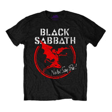 Load image into Gallery viewer, Black Sabbath Archangel Never Say Die Distressed Logo Black T-Shirt.