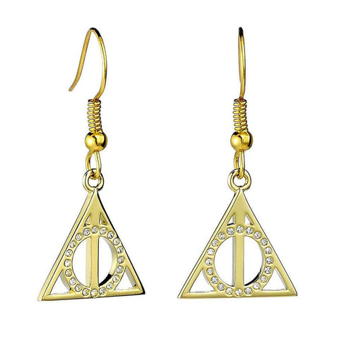 Harry Potter Gold Plated Sterling Silver Deathly Hallows Drop Earrings with Crystals.