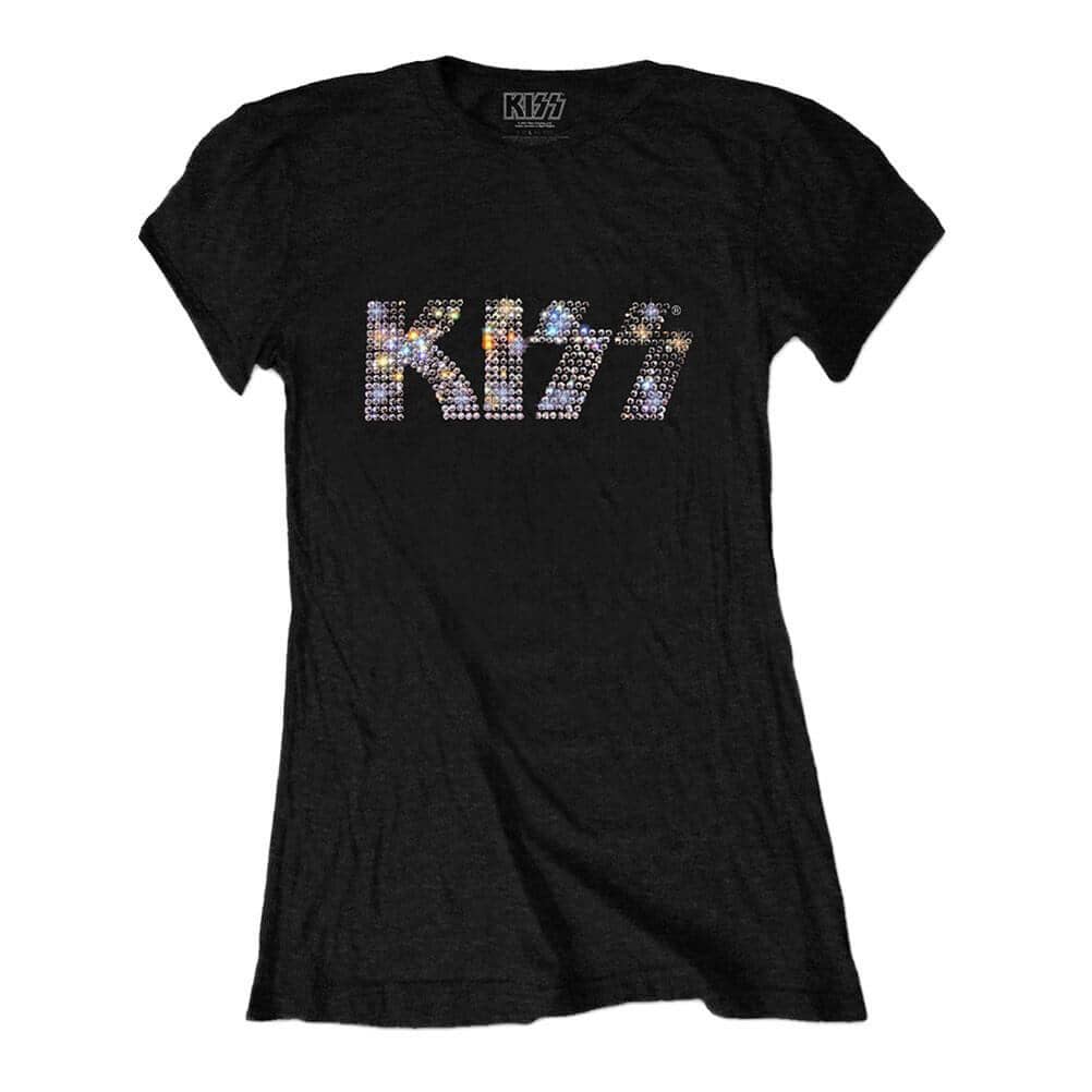 Women's KISS Logo Diamante Black Fitted T-Shirt.