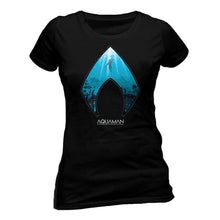 Load image into Gallery viewer, Women&#39;s Aquaman Movie and Symbol Black Fitted T-Shirt.