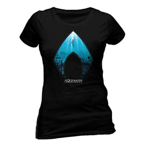Women's Aquaman Movie and Symbol Black Fitted T-Shirt.